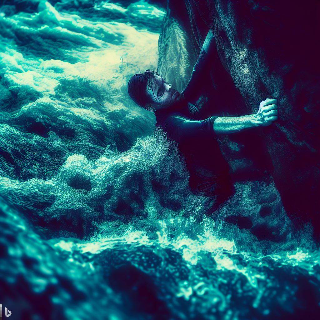El arqueólogo nadando en un río agitado, aferrándose a una roca y una entrada oculta a la vista. Estilo Dramático y emocionante, con tonos azules y verdes, y movimientos de agua intensos
